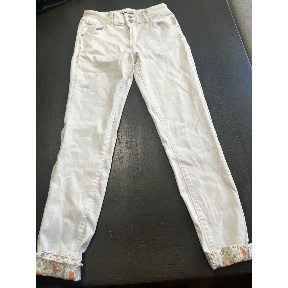 DEAL JEANS White Mid Rise Skinny Jeans Floral Cuff Women's‎ Small